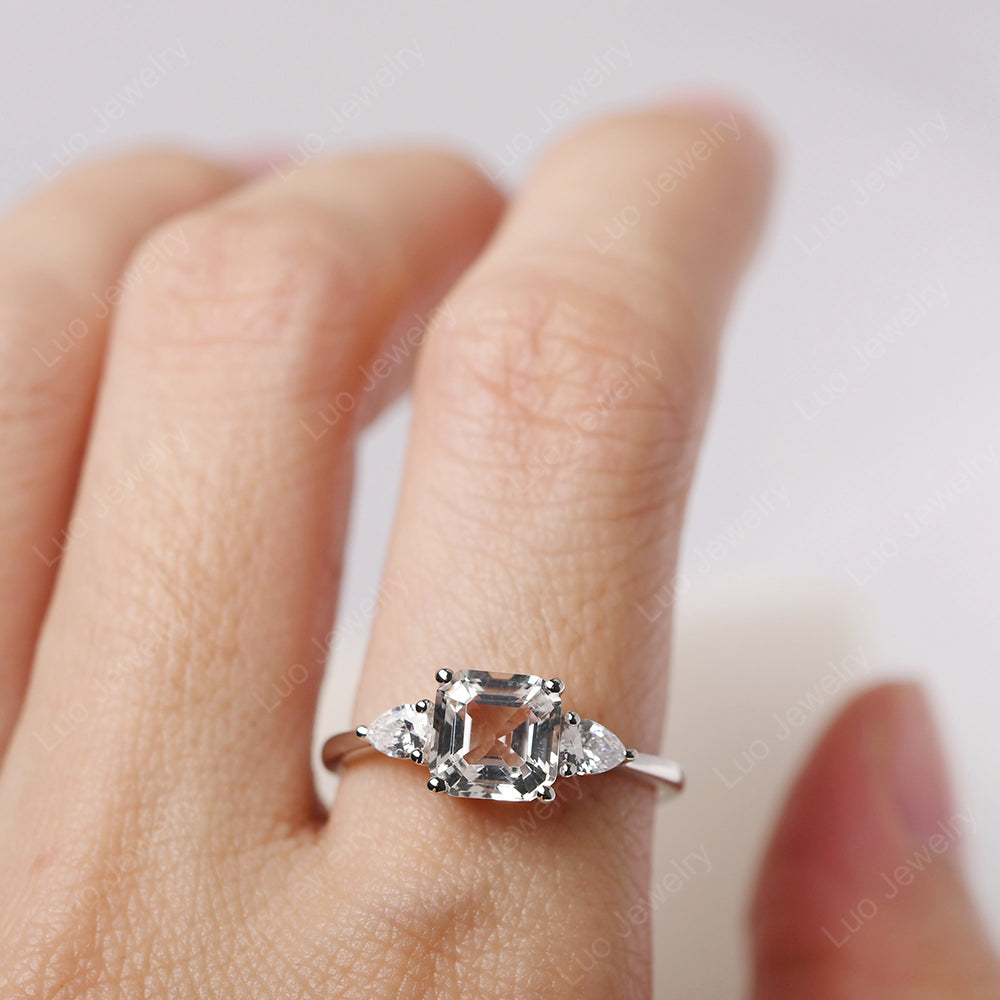Asscher Cut White Topaz Ring With Pear Side Stone - LUO Jewelry