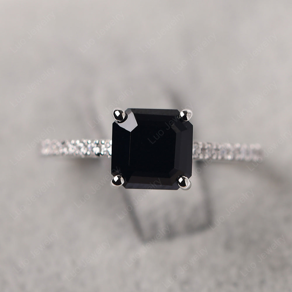 Asscher Cut Engagement Ring Black Stone Ring - LUO Jewelry
