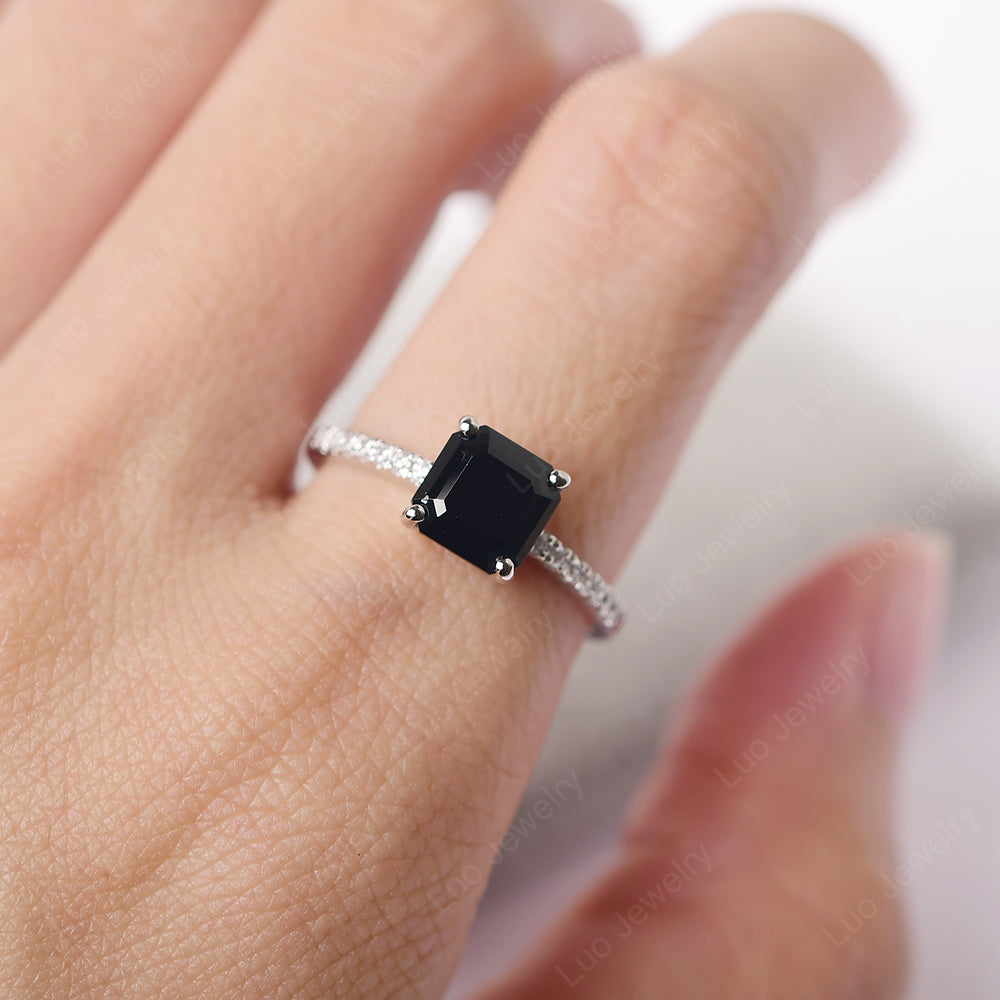 Asscher Cut Engagement Ring Black Stone Ring - LUO Jewelry