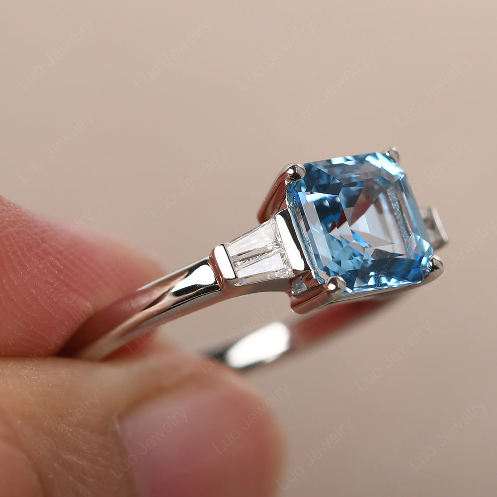 Asscher Cut Swiss Blue Topaz Engagement Rings With Baguettes - LUO Jewelry