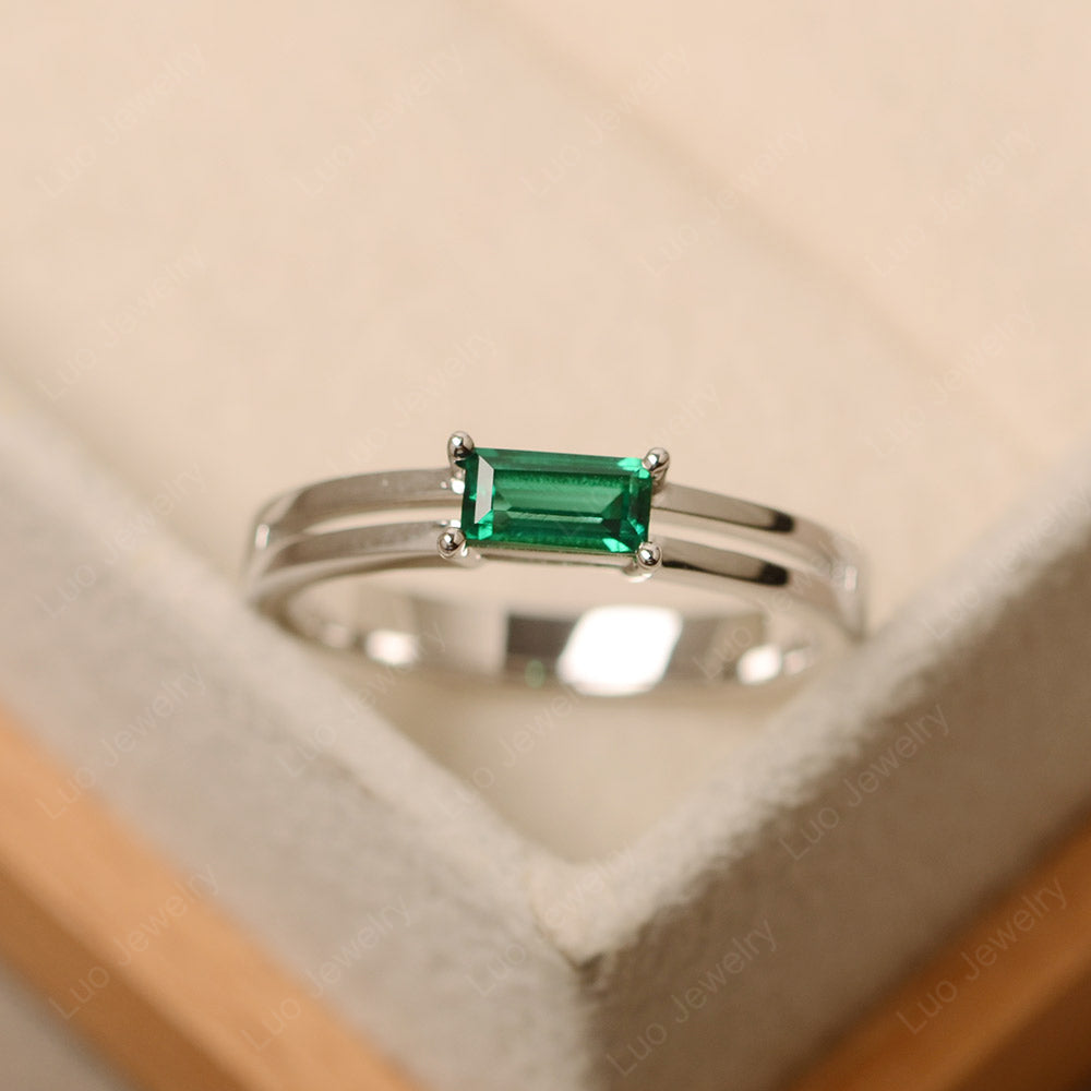 Horizontal Baguette Lab Emerald Solitaire Ring - LUO Jewelry