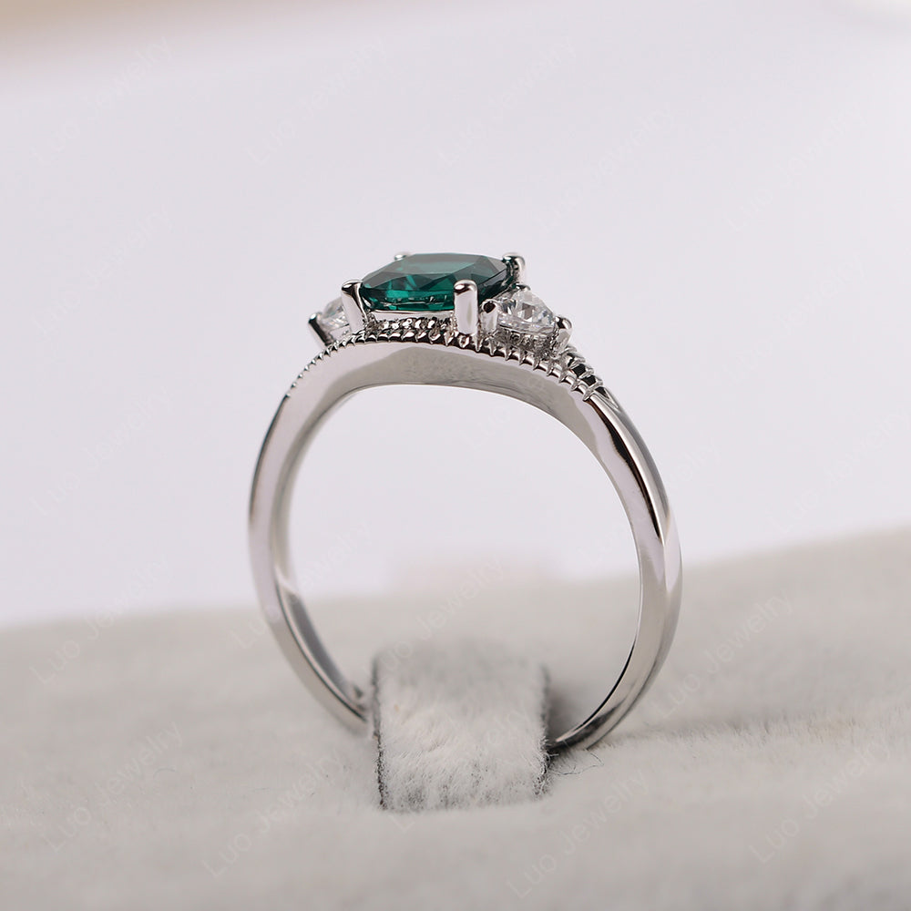 Vintage Lab Emerald Ring With Trillion Side Stone - LUO Jewelry