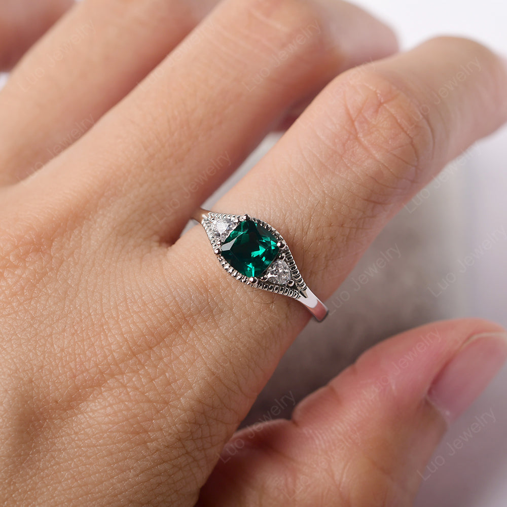 Vintage Lab Emerald Ring With Trillion Side Stone - LUO Jewelry