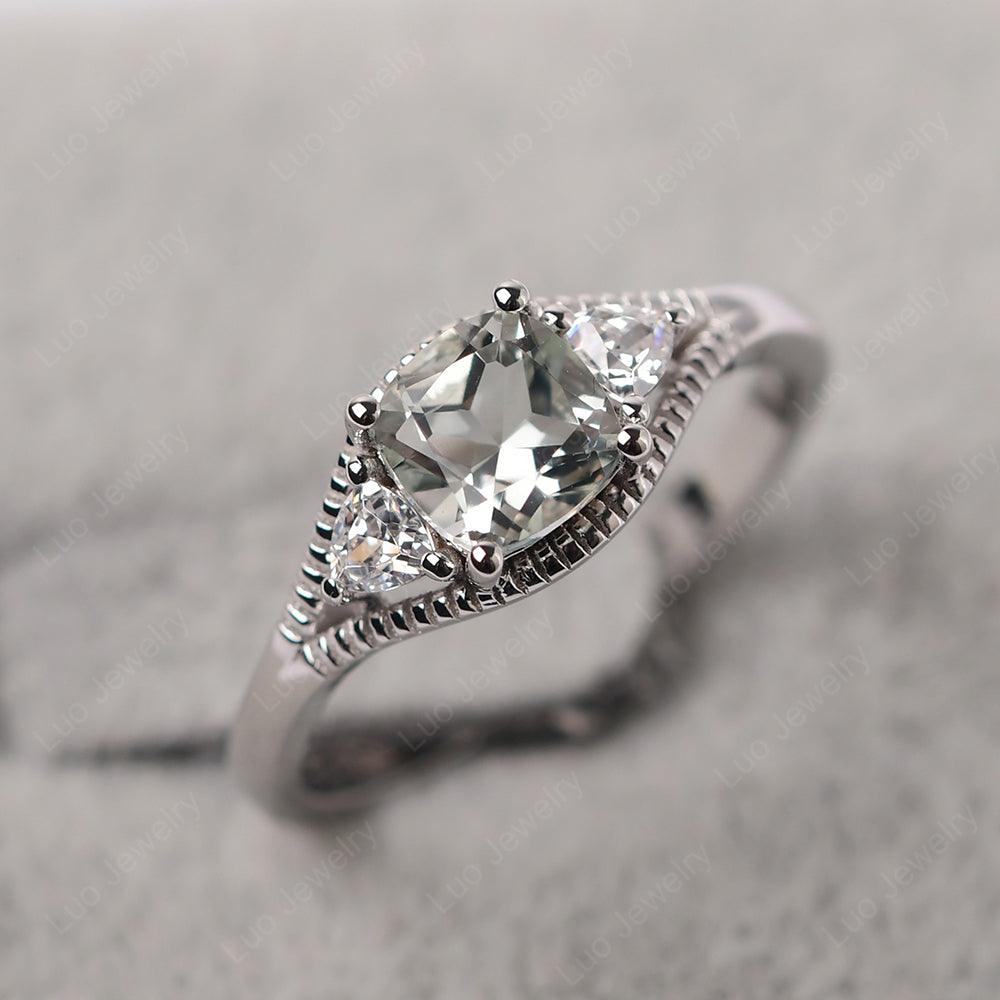 Vintage Green Amethyst Ring With Trillion Side Stone - LUO Jewelry
