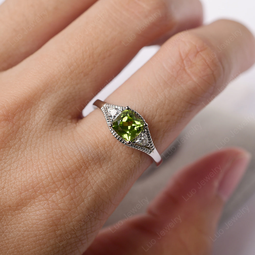Vintage Peridot Ring With Trillion Side Stone - LUO Jewelry