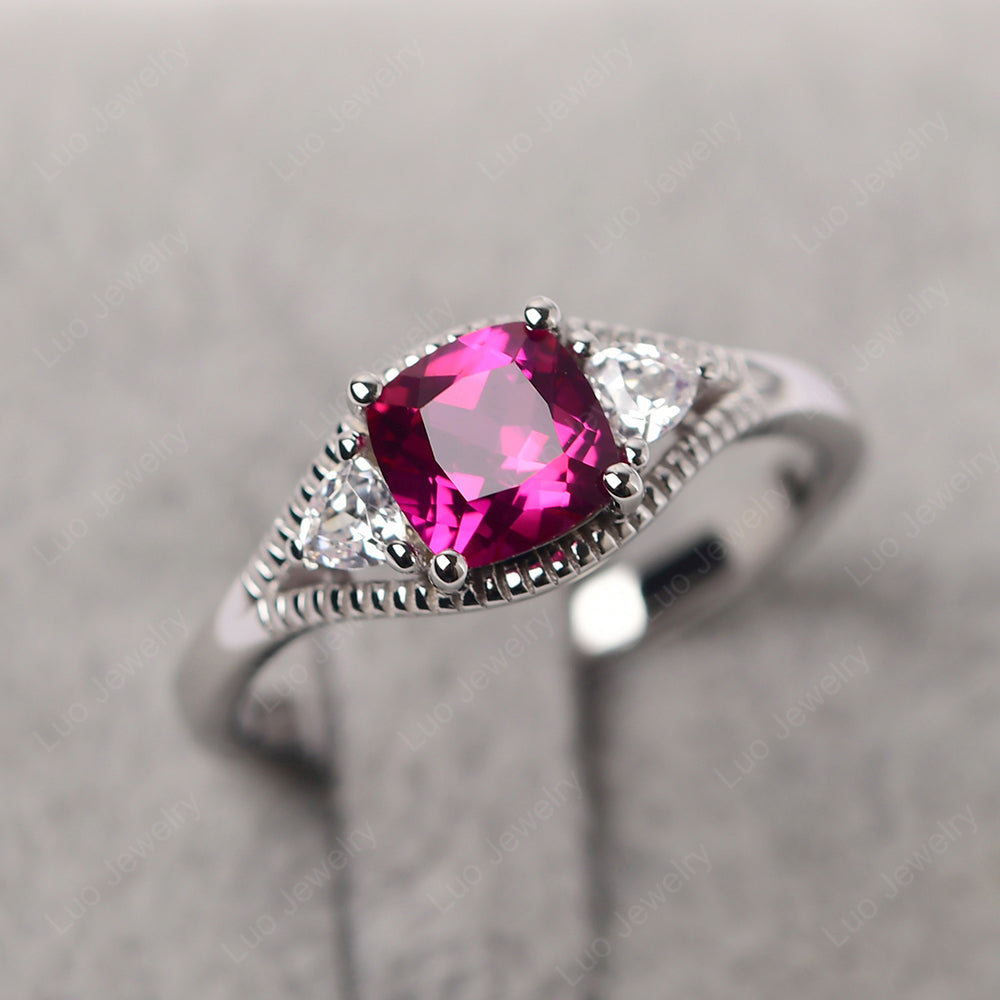 Ruby Three Stone Cushion Cut Ring | LUO