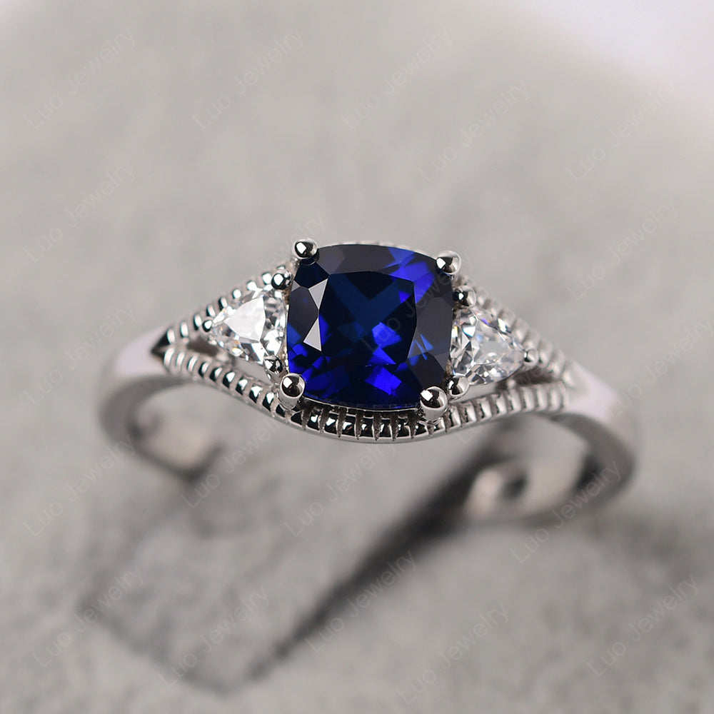 Vintage Lab Sapphire Ring With Trillion Side Stone - LUO Jewelry