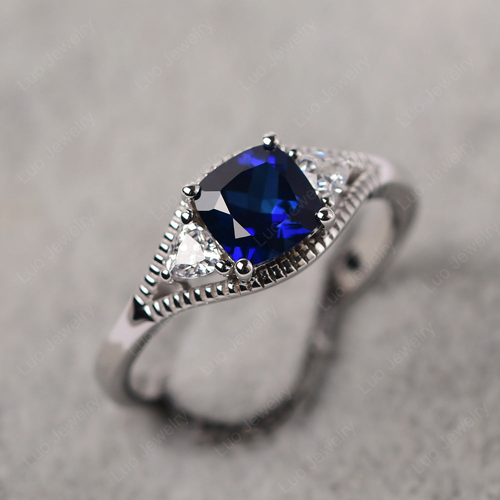 Vintage Lab Sapphire Ring With Trillion Side Stone - LUO Jewelry