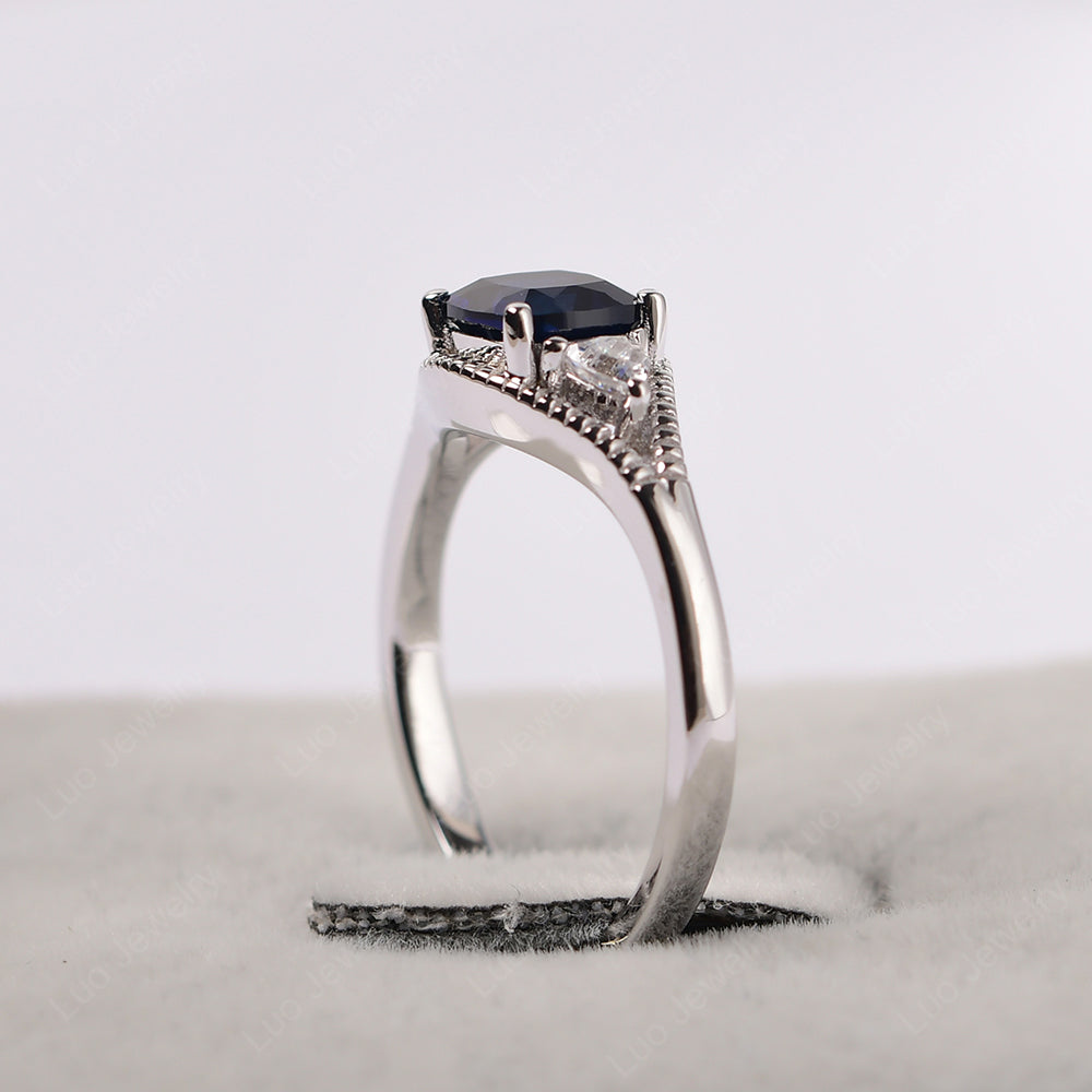 Vintage Lab Sapphire Ring With Trillion Side Stone - LUO Jewelry
