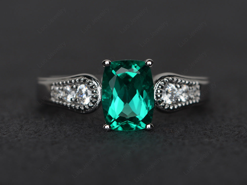 Vintage Cushion Cut Lab Emerald Engagement Ring - LUO Jewelry