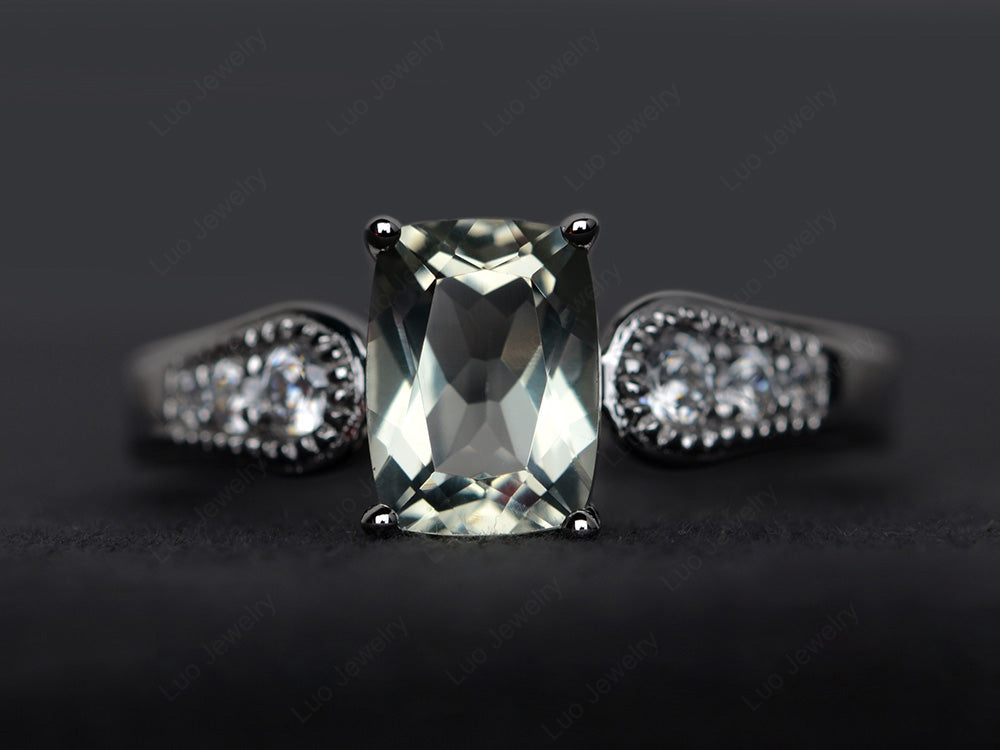 Vintage Cushion Cut Green Amethyst Engagement Ring - LUO Jewelry