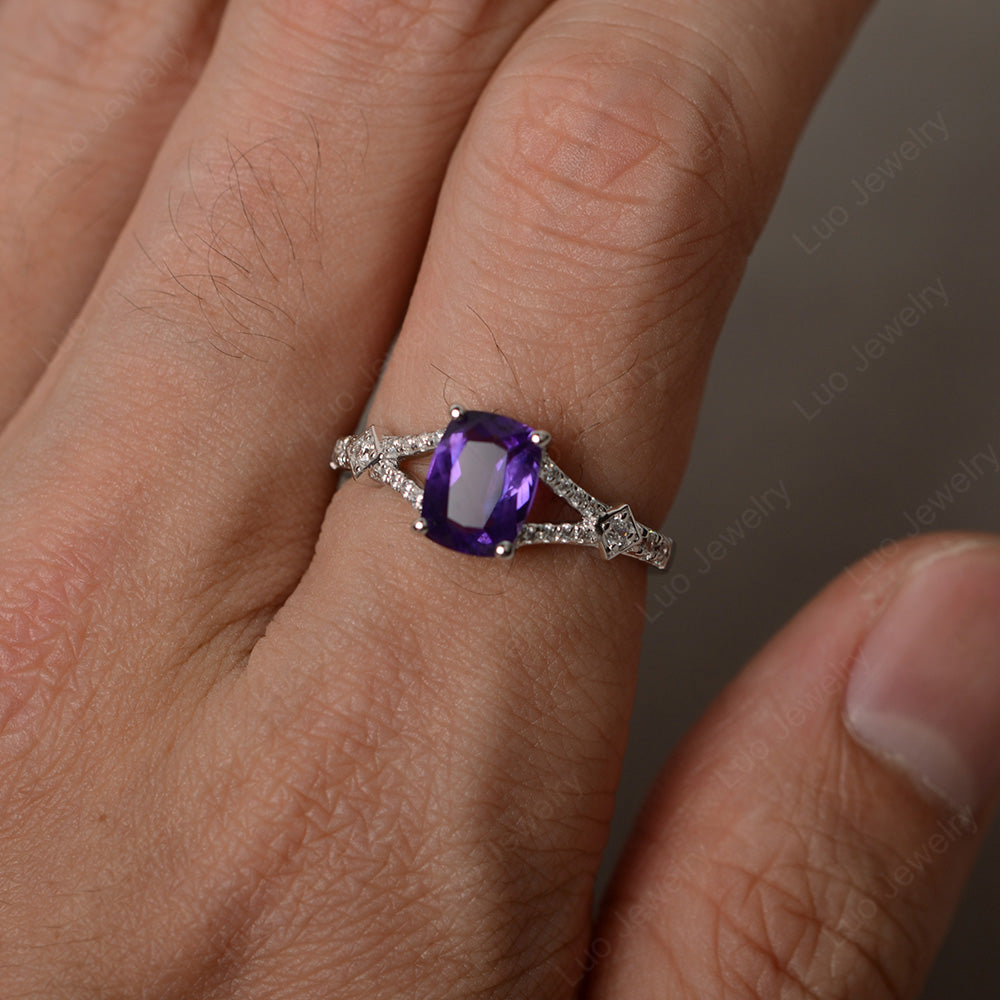 Elongated Cushion Cut Amethyst Wedding Ring - LUO Jewelry