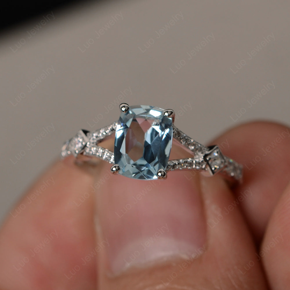 Elongated Cushion Cut Aquamarine Wedding Ring - LUO Jewelry