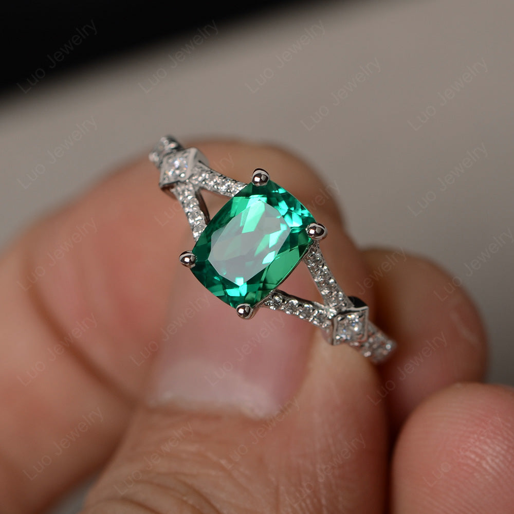 Elongated Cushion Cut Lab Emerald Wedding Ring - LUO Jewelry