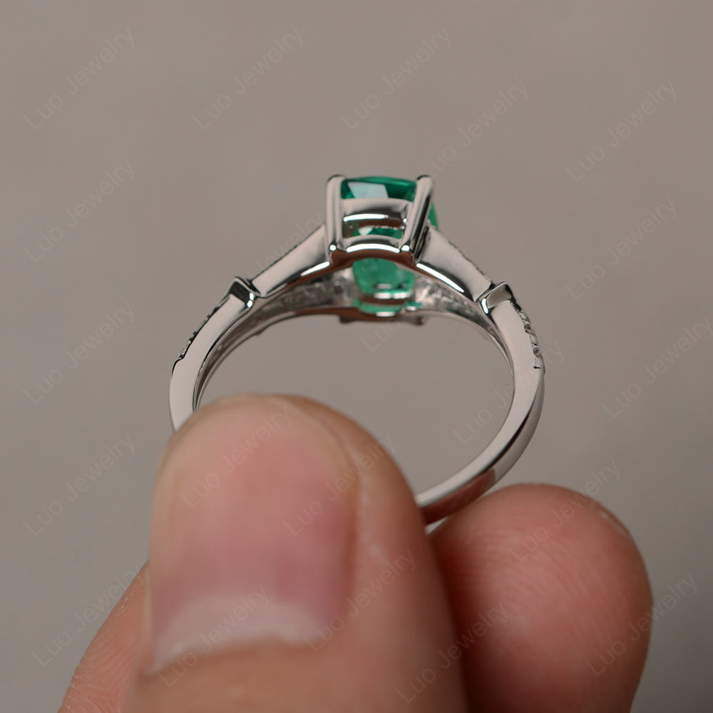 Elongated Cushion Cut Lab Emerald Wedding Ring - LUO Jewelry