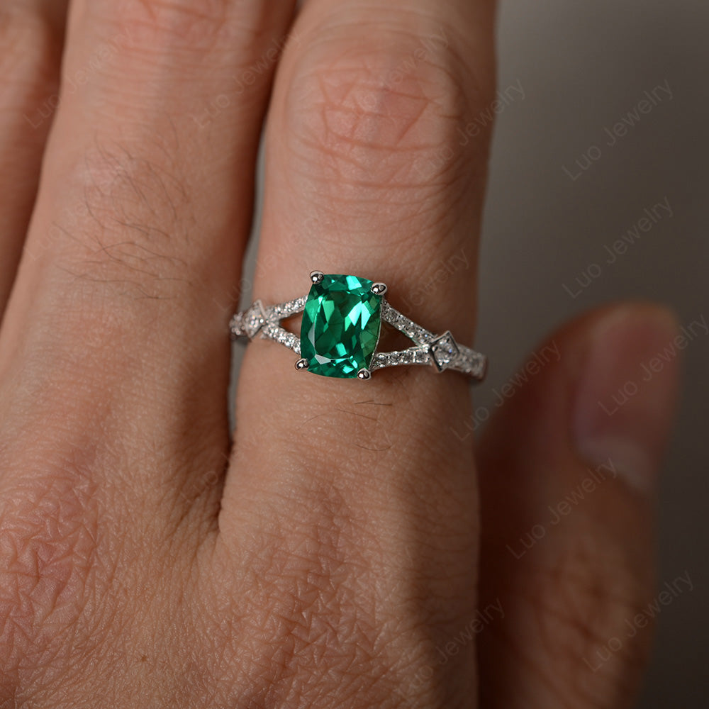 Elongated Cushion Cut Lab Emerald Wedding Ring - LUO Jewelry
