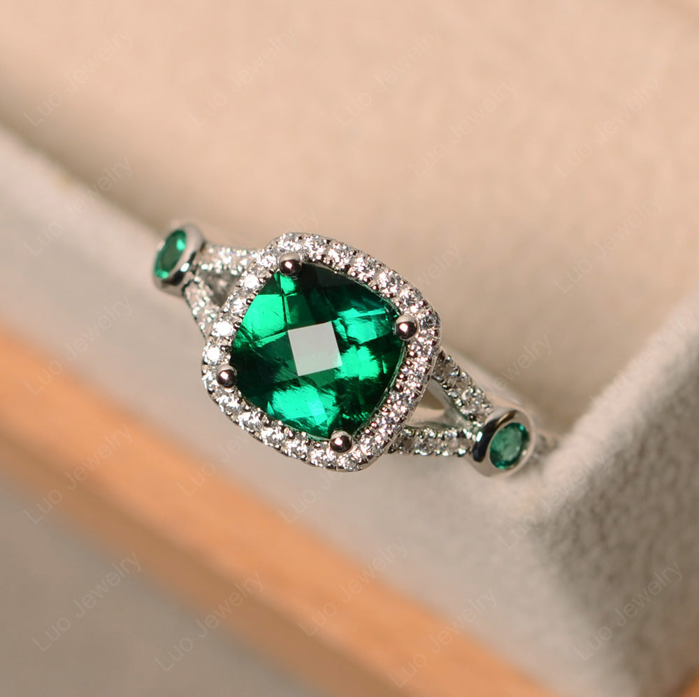 Cushion Cut Art Deco Lab Emerald Wedding Ring - LUO Jewelry