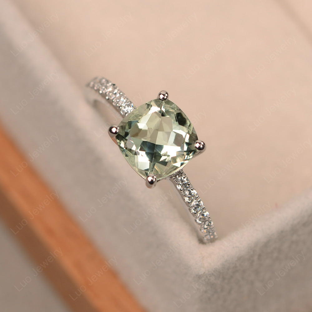 Green Amethyst Wedding Ring Cushion Cut White Gold - LUO Jewelry