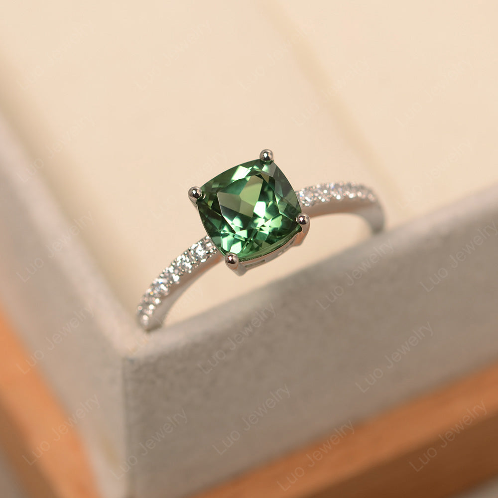 Green Sapphire Wedding Ring Cushion Cut White Gold - LUO Jewelry