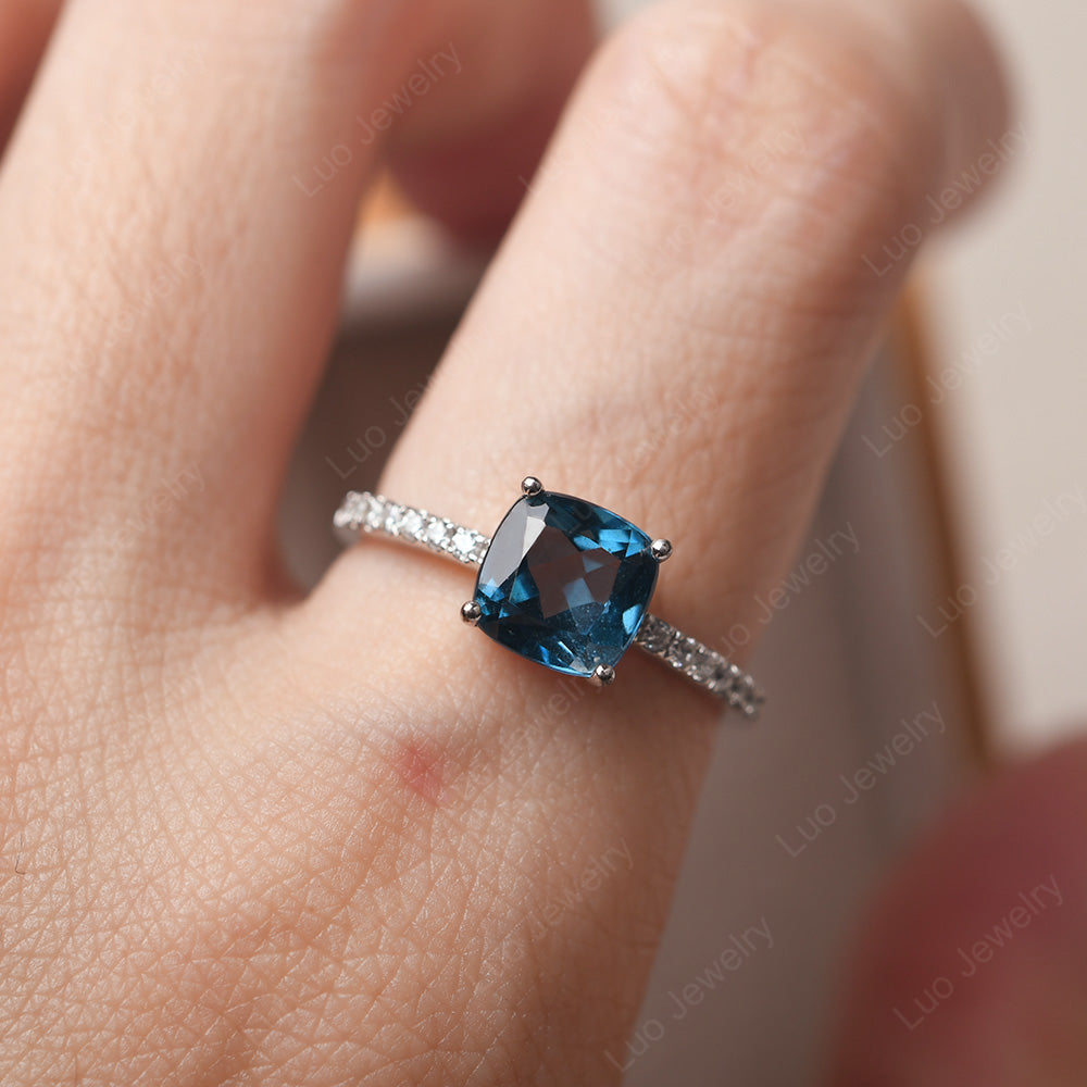 London Blue Topaz Wedding Ring Cushion Cut White Gold - LUO Jewelry