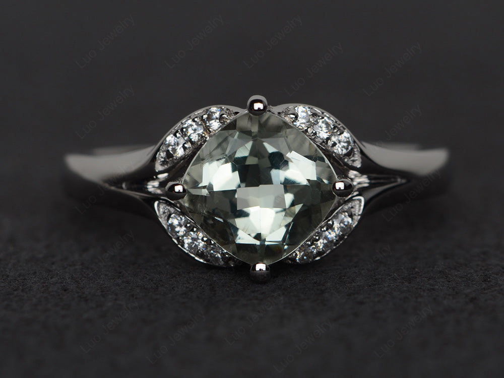 Art Deco Green Amethyst Engagement Ring Cushion Cut - LUO Jewelry