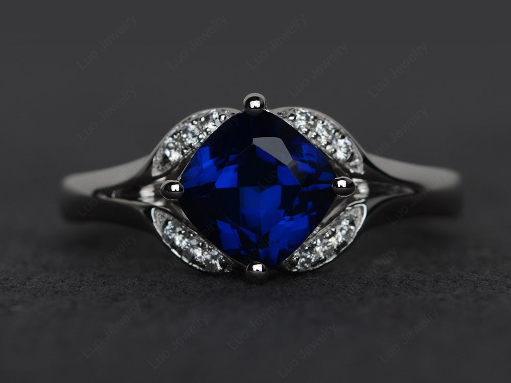 Art Deco Lab Sapphire Engagement Ring Cushion Cut - LUO Jewelry