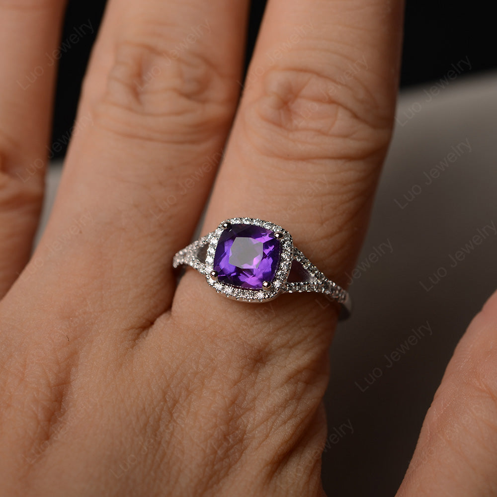 Cushion Amethyst Halo Split Shank Engagement Ring - LUO Jewelry