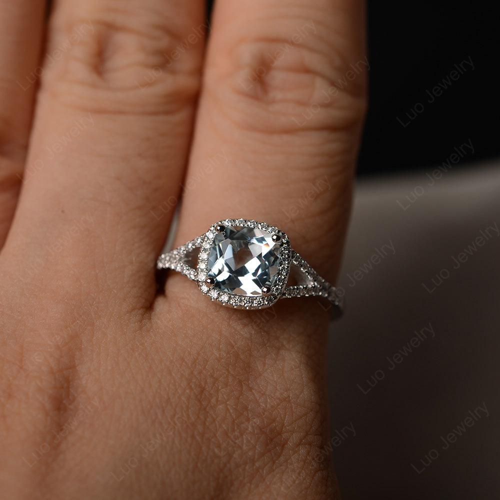 Cushion Aquamarine Halo Split Shank Engagement Ring - LUO Jewelry
