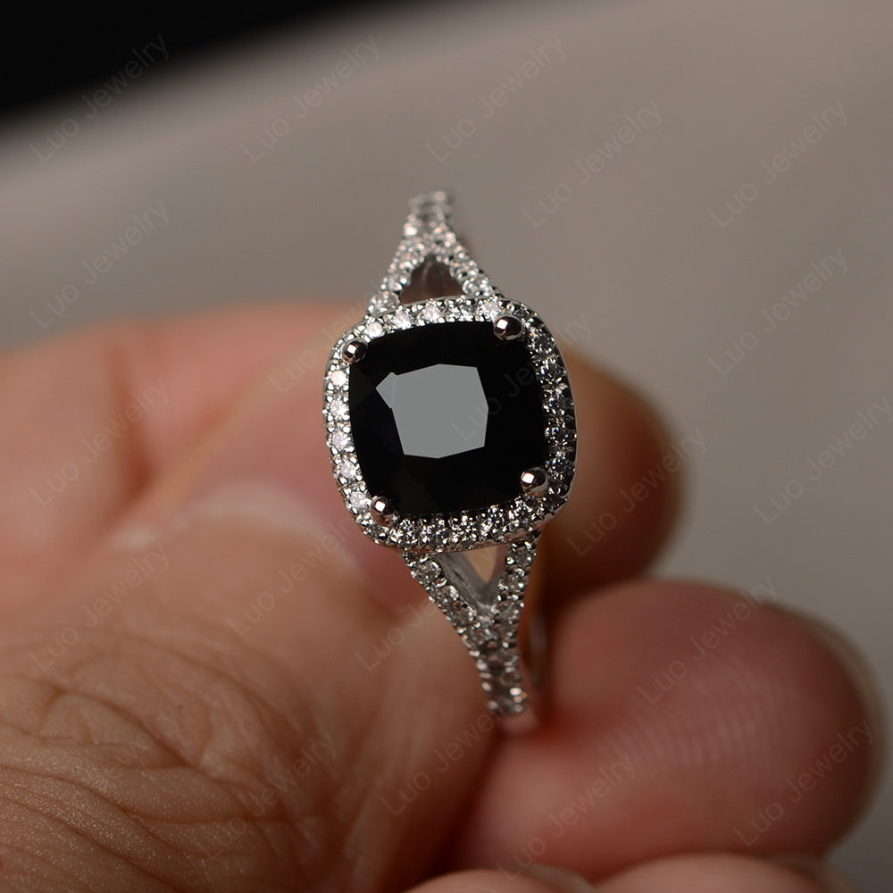 Cushion Black Spinel Halo Split Shank Engagement Ring - LUO Jewelry