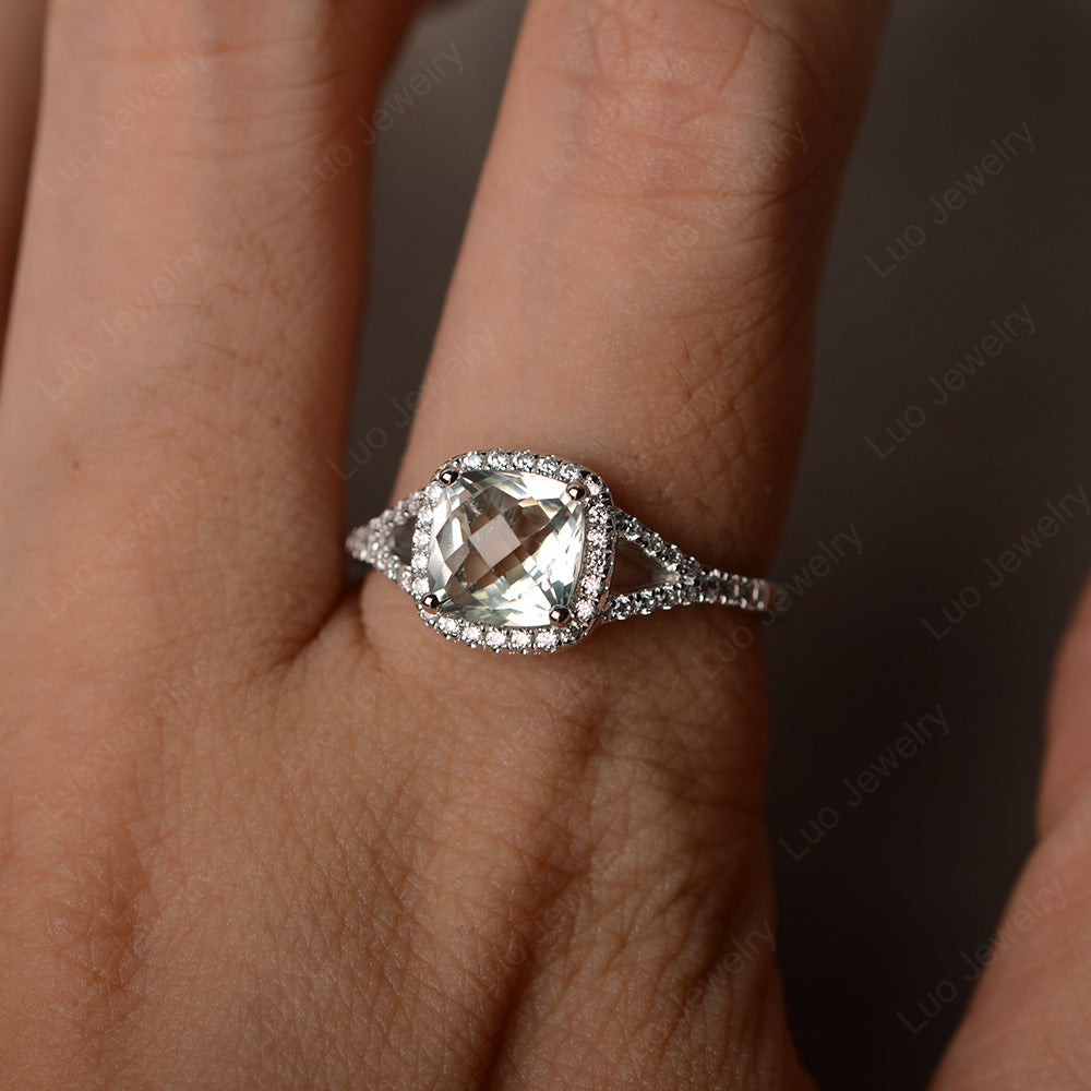 Cushion Green Amethyst Halo Split Shank Engagement Ring - LUO Jewelry