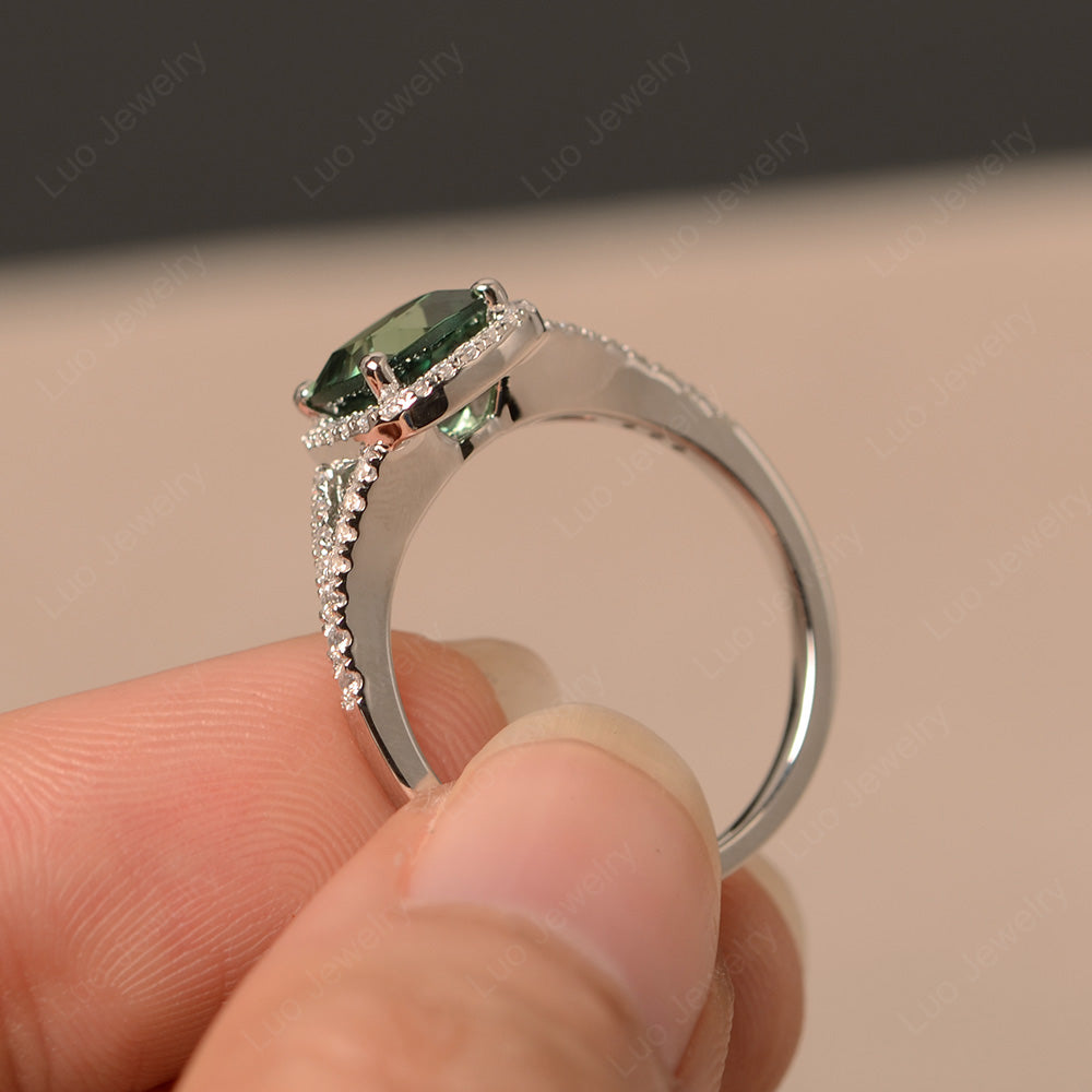 Cushion Green Sapphire Halo Split Shank Engagement Ring - LUO Jewelry