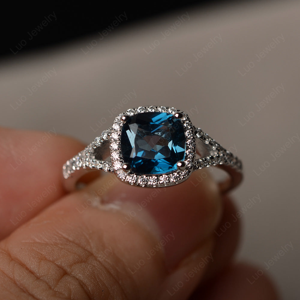 Cushion London Blue Topaz Halo Split Shank Engagement Ring - LUO Jewelry