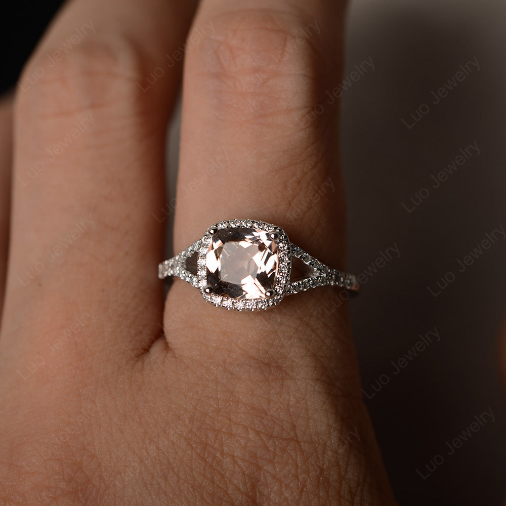 Cushion Morganite Halo Split Shank Engagement Ring - LUO Jewelry