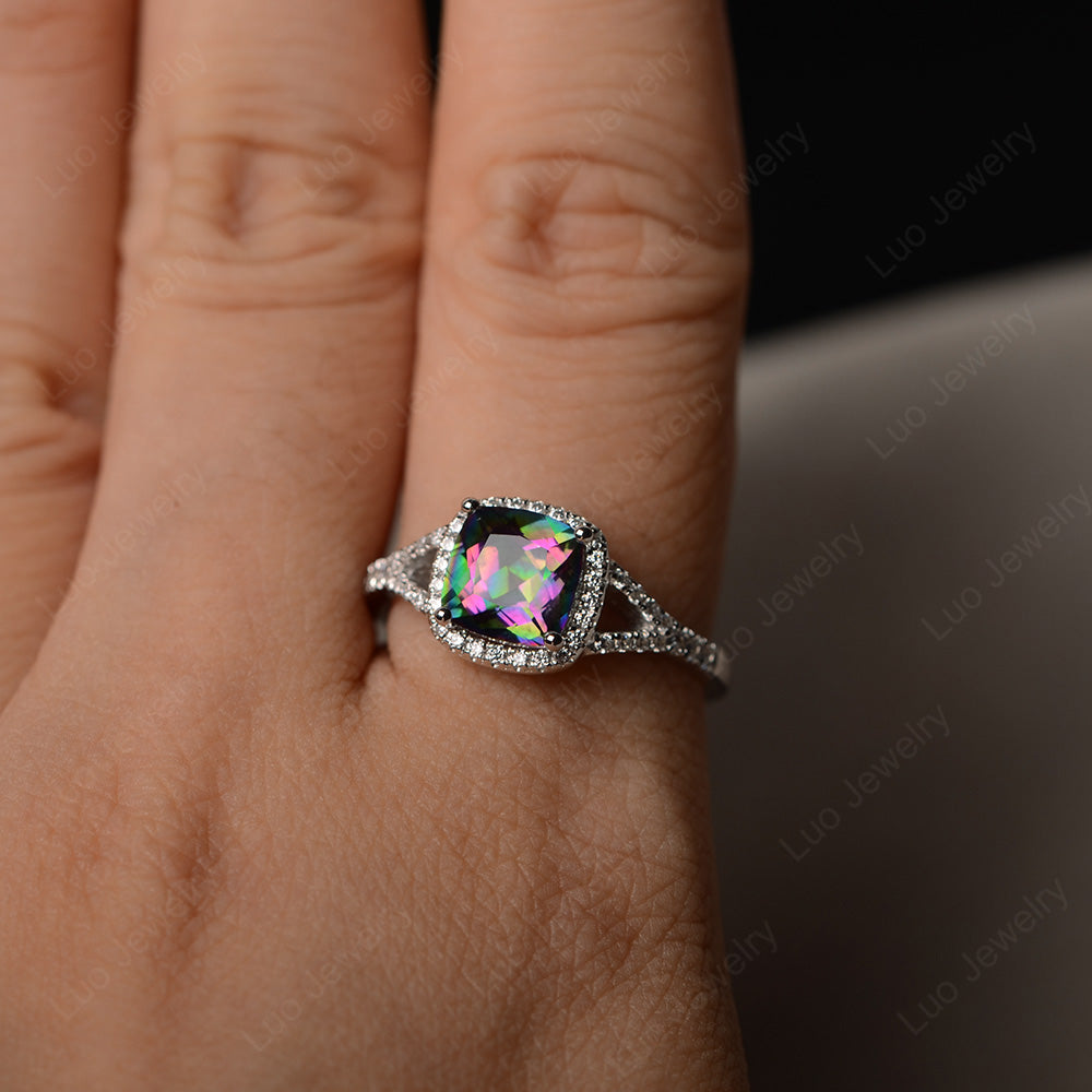 Cushion Mystic Topaz Halo Split Shank Engagement Ring - LUO Jewelry