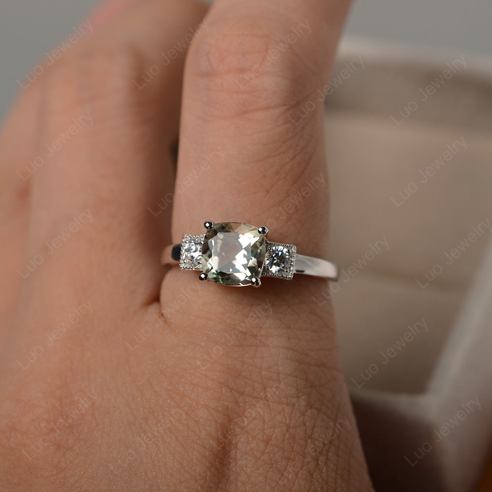 Cushion Cut Green Amethyst Promise Ring Art Deco - LUO Jewelry