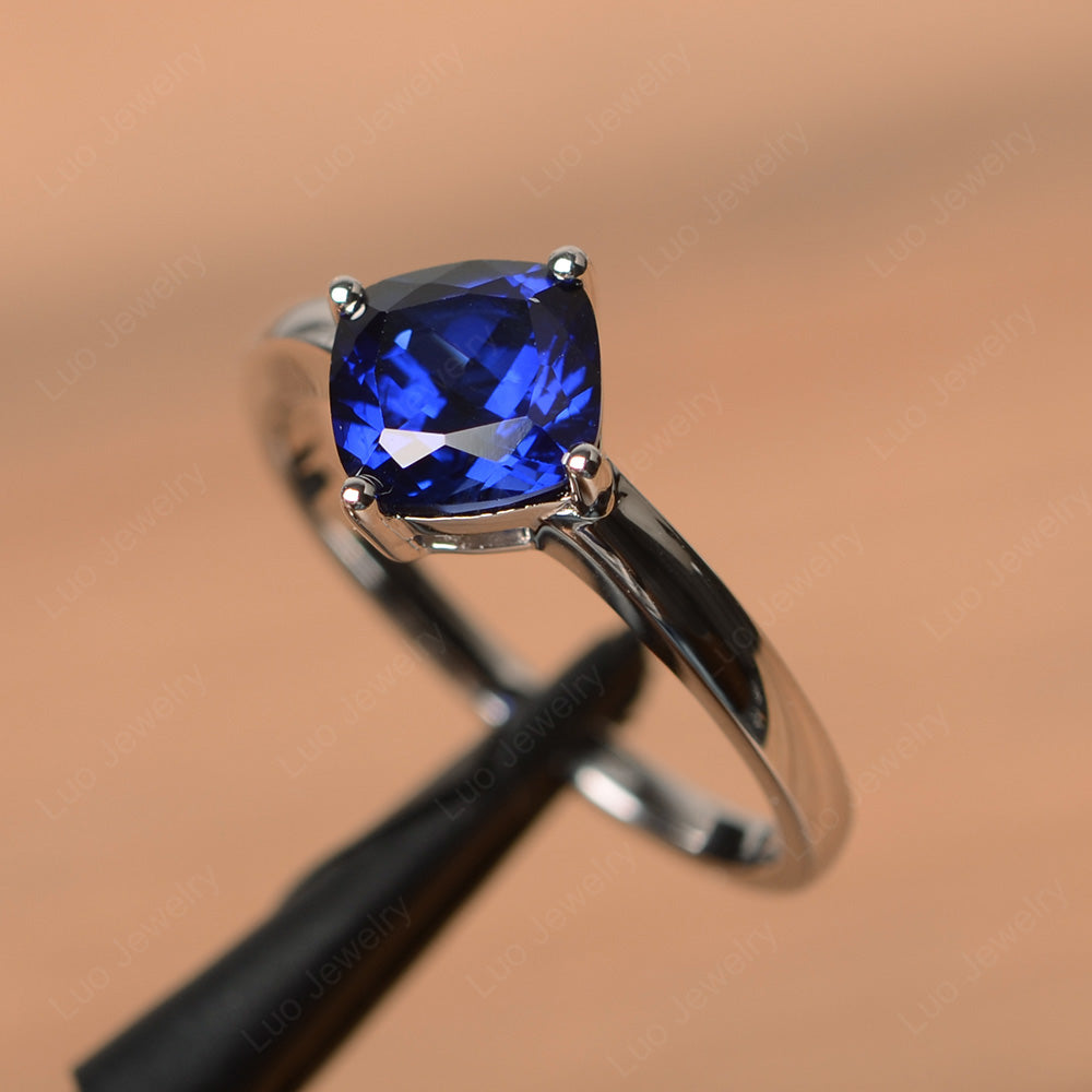 Kite Set Cushion Cut Lab Sapphire Solitaire Ring - LUO Jewelry