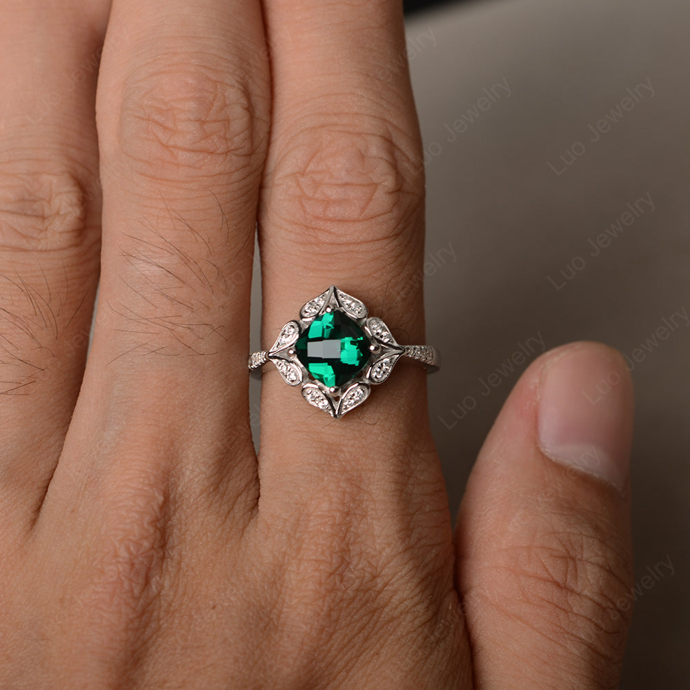 Lab Emerald Ring Cushion Cut Kite Set White Gold - LUO Jewelry
