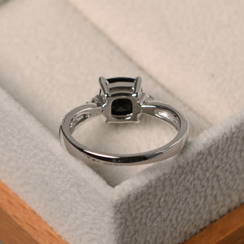 Cushion Cut Black Spinel Engagement Ring Silver - LUO Jewelry