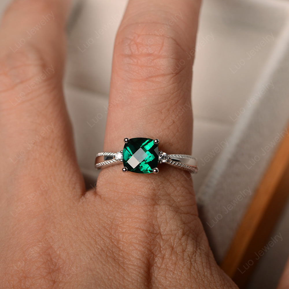 Cushion Cut Lab Emerald Engagement Ring Silver - LUO Jewelry
