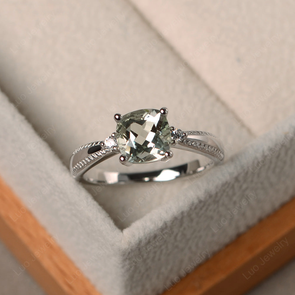 Cushion Cut Green Amethyst Engagement Ring Silver - LUO Jewelry