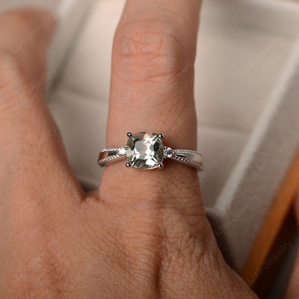 Cushion Cut Green Amethyst Engagement Ring Silver - LUO Jewelry