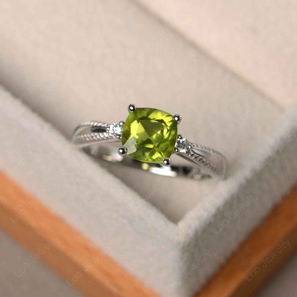 Cushion Cut Peridot Engagement Ring Silver - LUO Jewelry