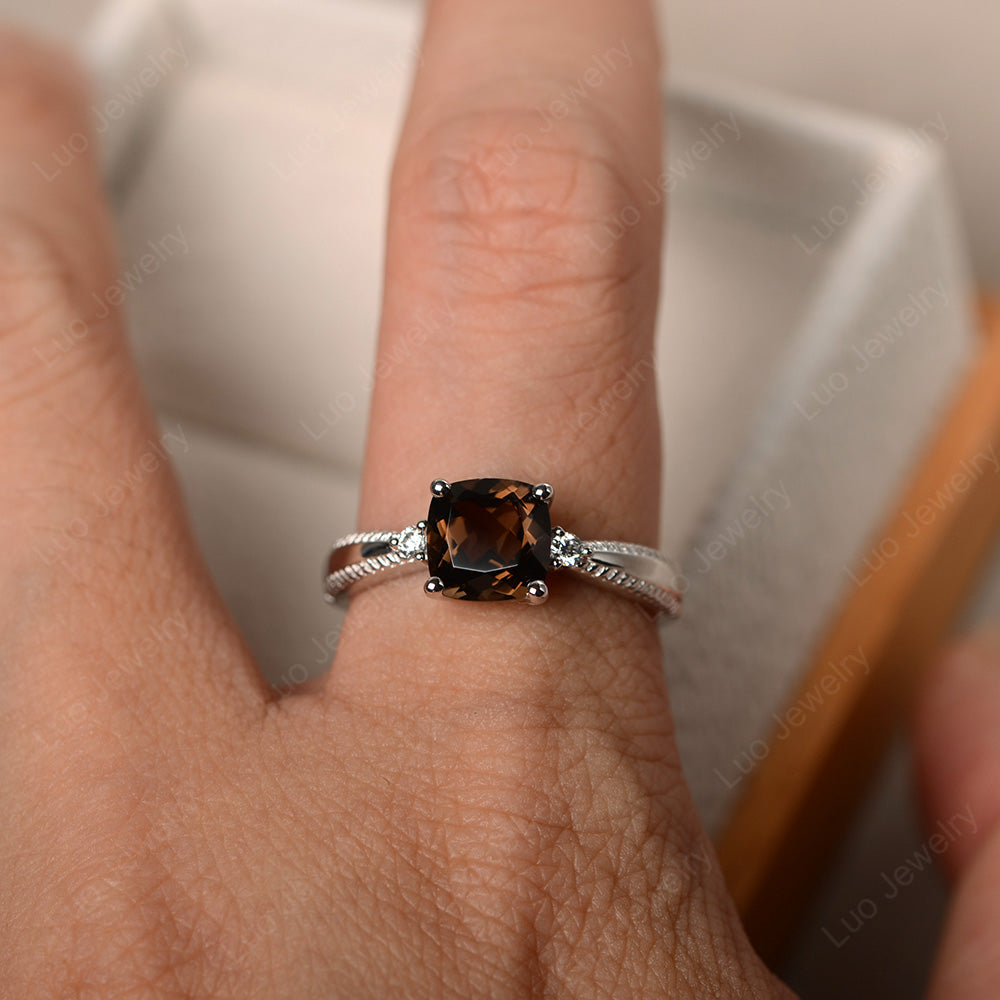 Cushion Cut Smoky Quartz Engagement Ring Silver - LUO Jewelry