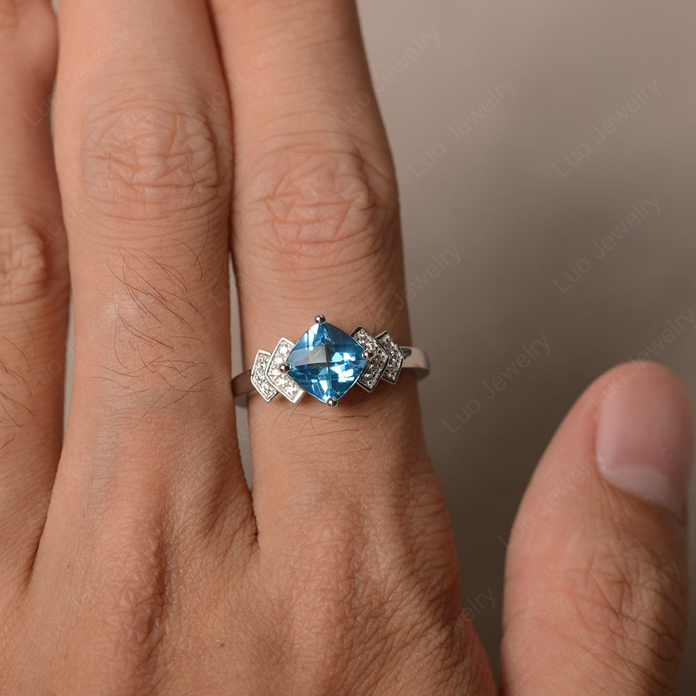 Cushion Cut Swiss Blue Topaz Ring Kite Set Rose Gold - LUO Jewelry