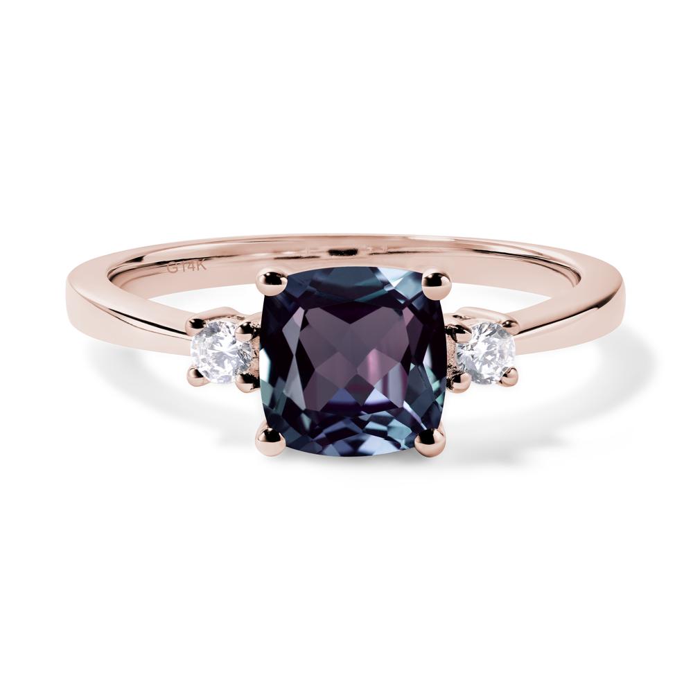 Cushion Cut Lab Grown Alexandrite Trilogy Ring - LUO Jewelry #metal_14k rose gold