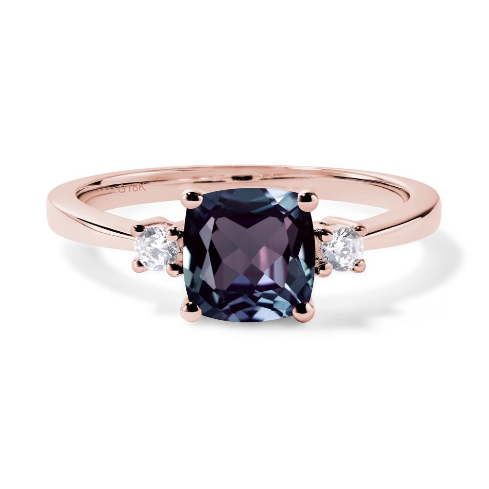 Cushion Cut Lab Grown Alexandrite Trilogy Ring - LUO Jewelry #metal_18k rose gold