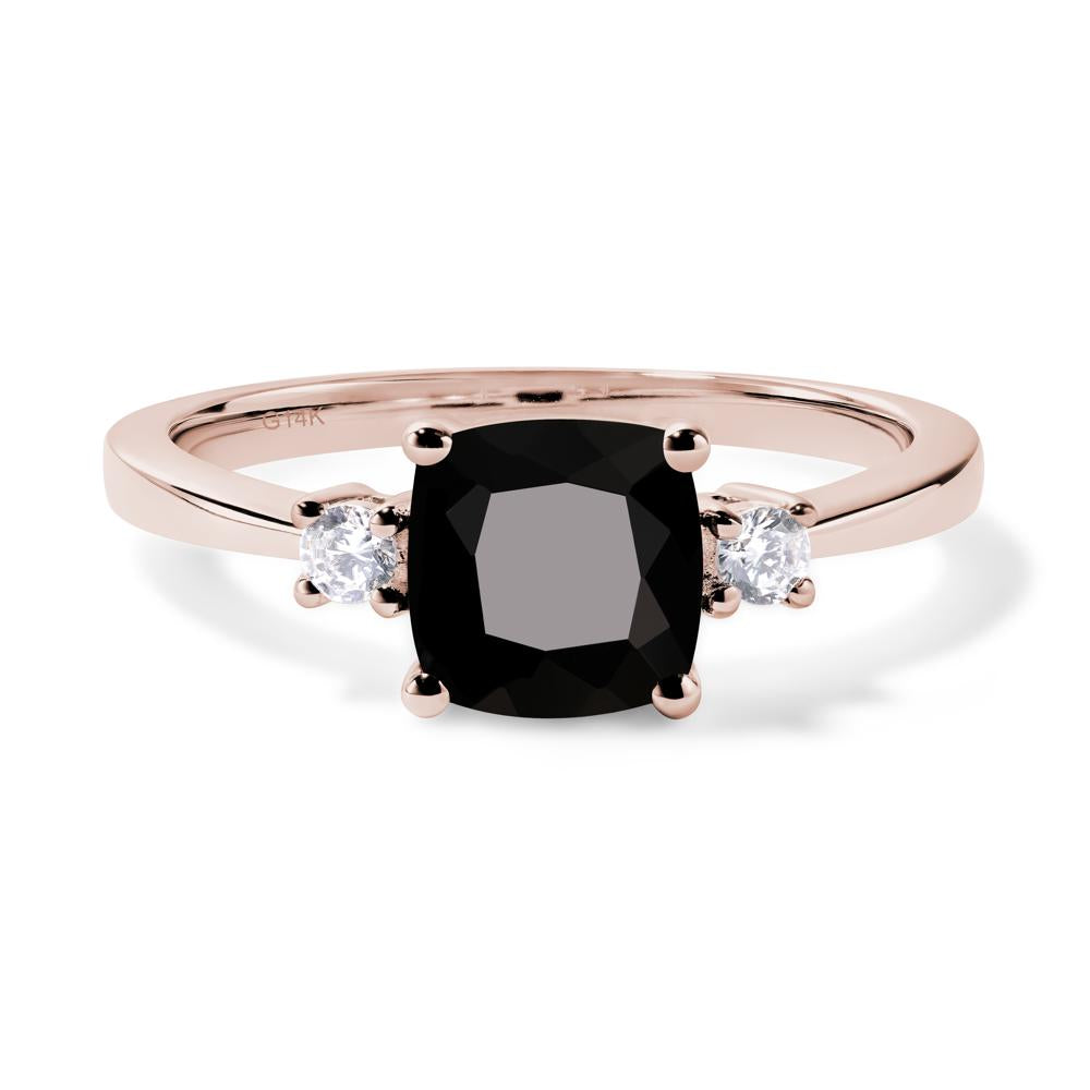 Cushion Cut Black Stone Trilogy Ring - LUO Jewelry #metal_14k rose gold