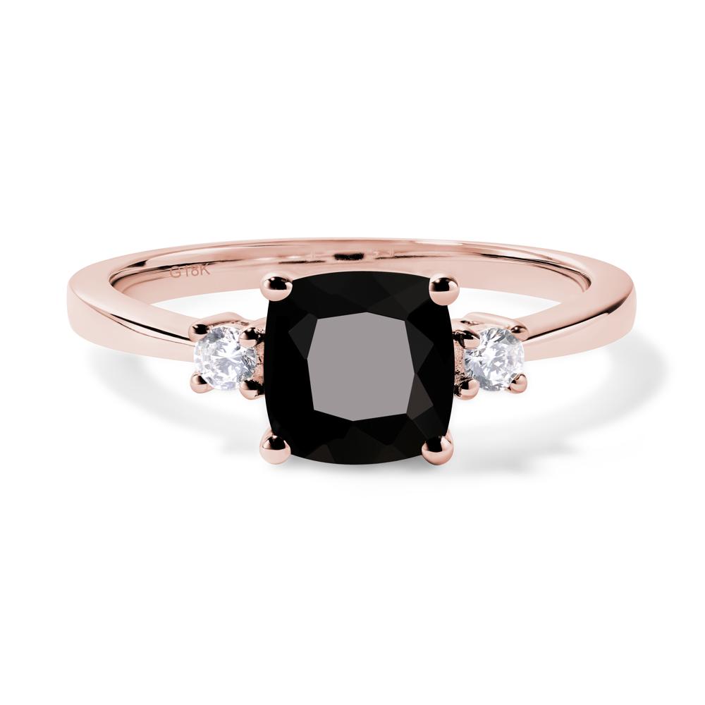 Cushion Cut Black Stone Trilogy Ring - LUO Jewelry #metal_18k rose gold
