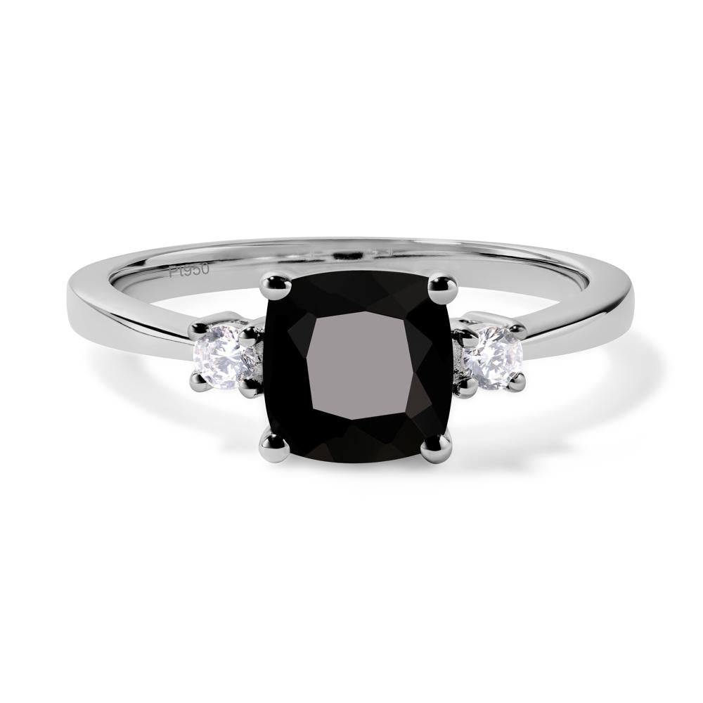 Cushion Cut Black Stone Trilogy Ring - LUO Jewelry #metal_platinum