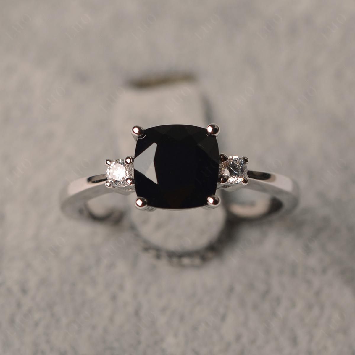 Cushion Cut Black Stone Trilogy Ring - LUO Jewelry